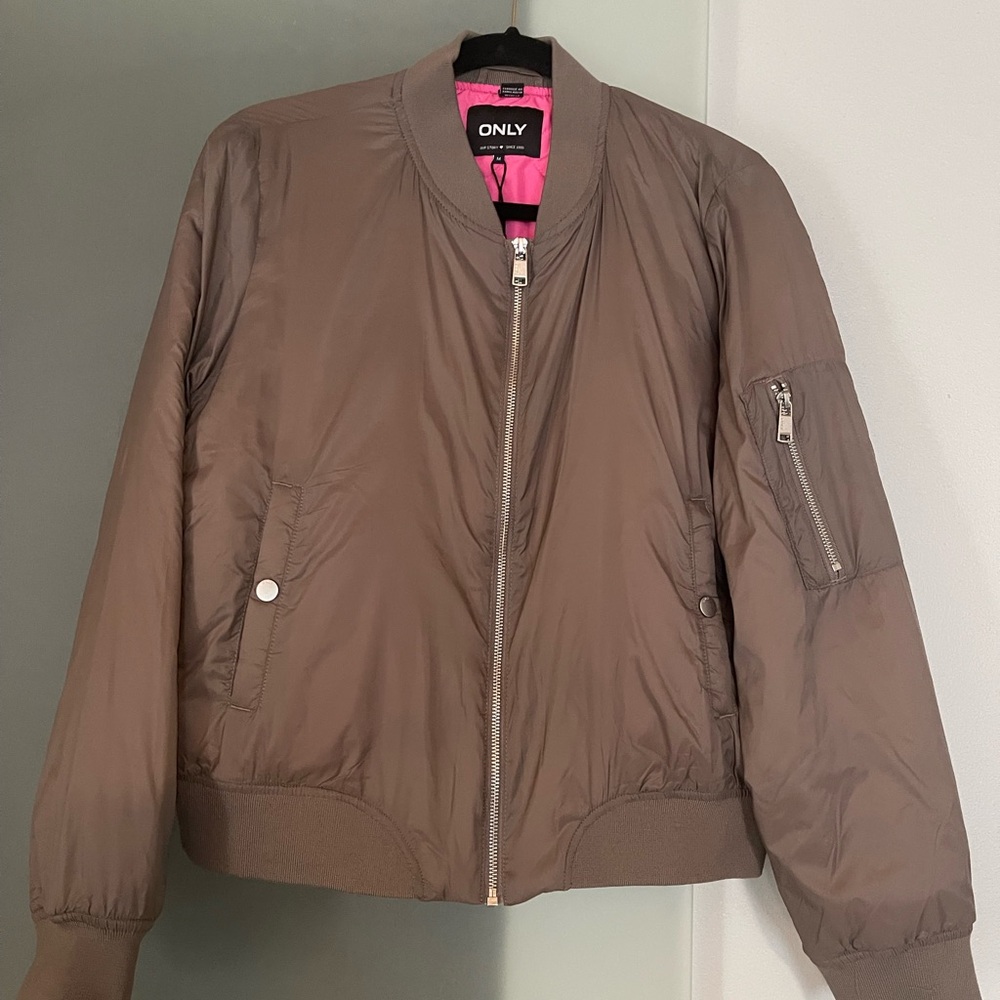 ONLY Women's Taupe Bomber Jacket with Pink Lining